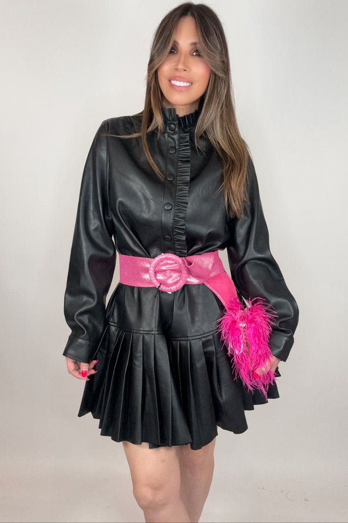 Style the Fate Black Ruffle Detail Pleated Faux Leather Dress exclusively at Born To Glam