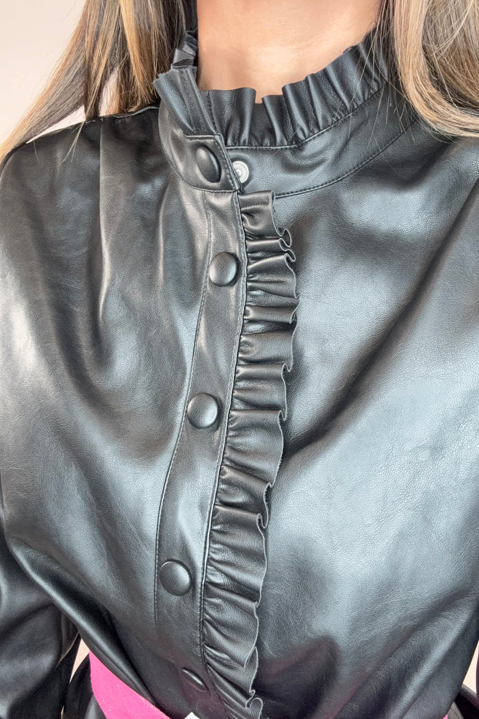 Style the Fate Black Ruffle Detail Pleated Faux Leather Dress exclusively at Born To Glam