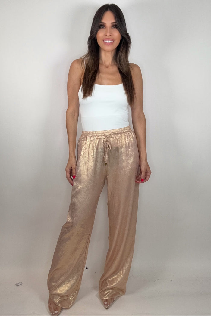 Style the Fate Metallic Wide Leg Pants exclusively at Born To Glam