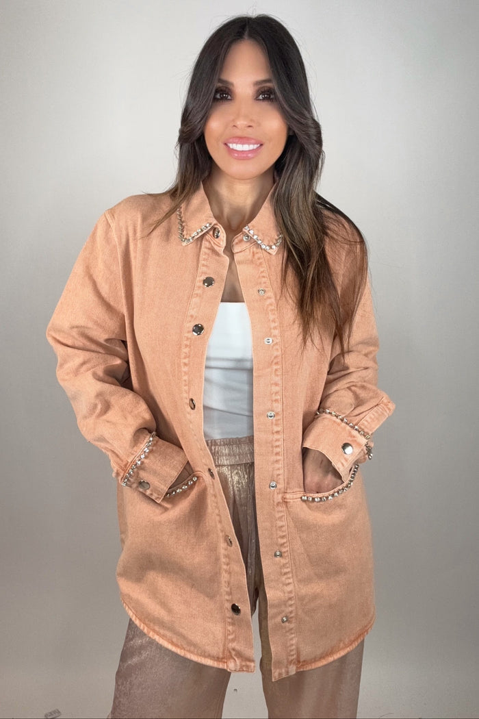 Style the Fate Rhinestone Appliques Washed Jean Shacket exclusively at Born To Glam