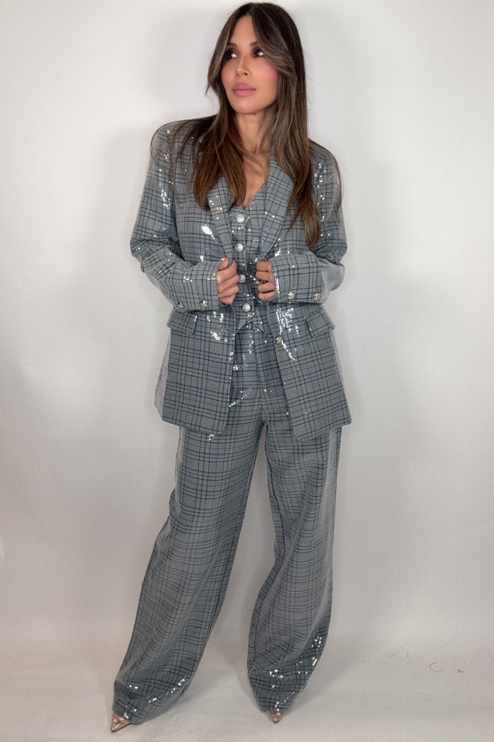 Style the Fate Sequin Embellished Plaid Blazer exclusively at Born To Glam