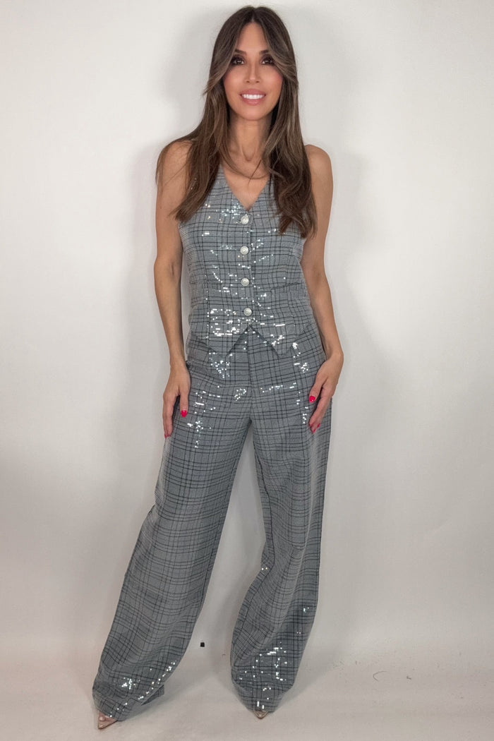 Style the Fate Sequin Embellished Plaid Vest exclusively at Born To Glam