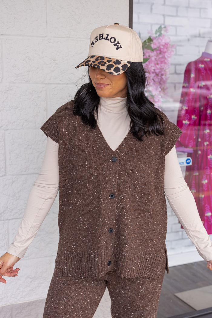 Women's chocolate brown button front sweater knit vest with ribbed trim by Mustard Seed