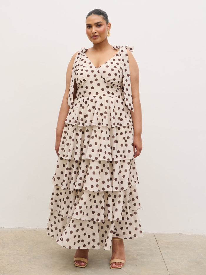 Souki Is 5'8" & Wears Size UK 18|Fiore Tie Ruffle Maxi Dress Curve - Large Brown and Cream Polkadot