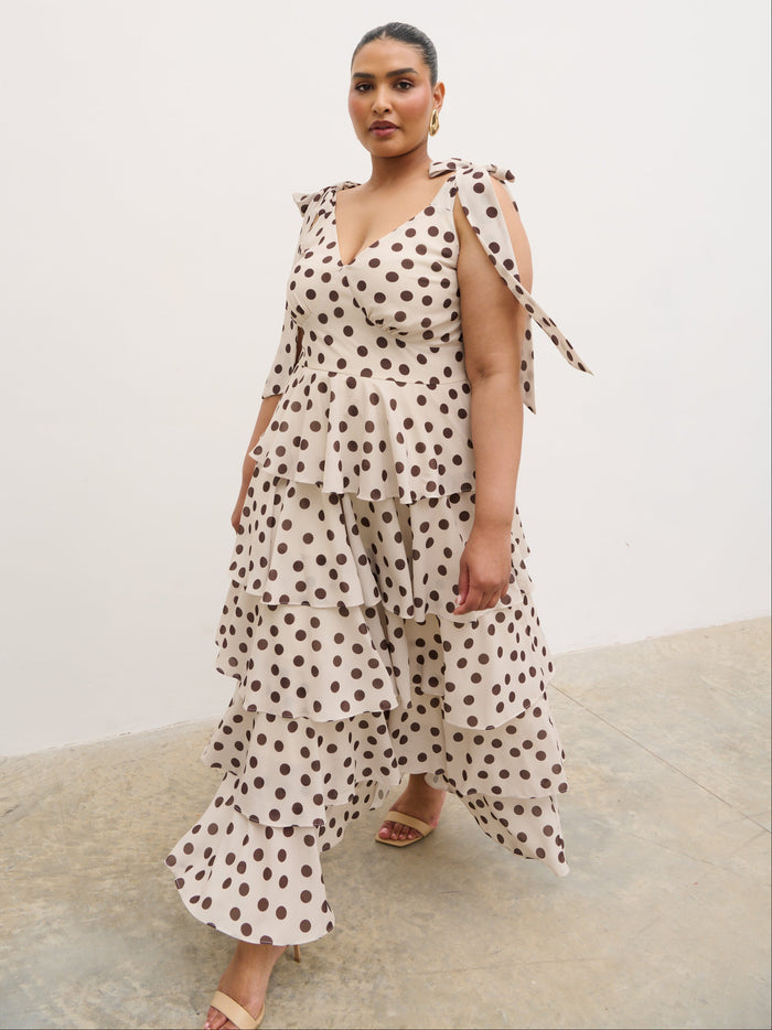 Souki Is 5'8" & Wears Size UK 18|Fiore Tie Ruffle Maxi Dress Curve - Large Brown and Cream Polkadot