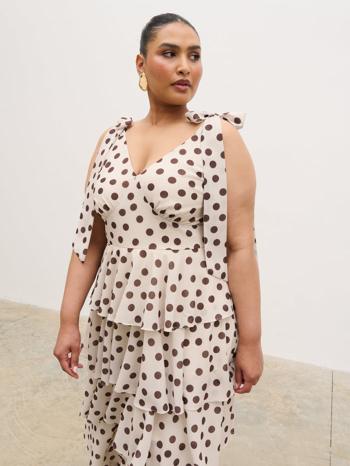 Souki Is 5'8" & Wears Size UK 18|Fiore Tie Ruffle Maxi Dress Curve - Large Brown and Cream Polkadot
