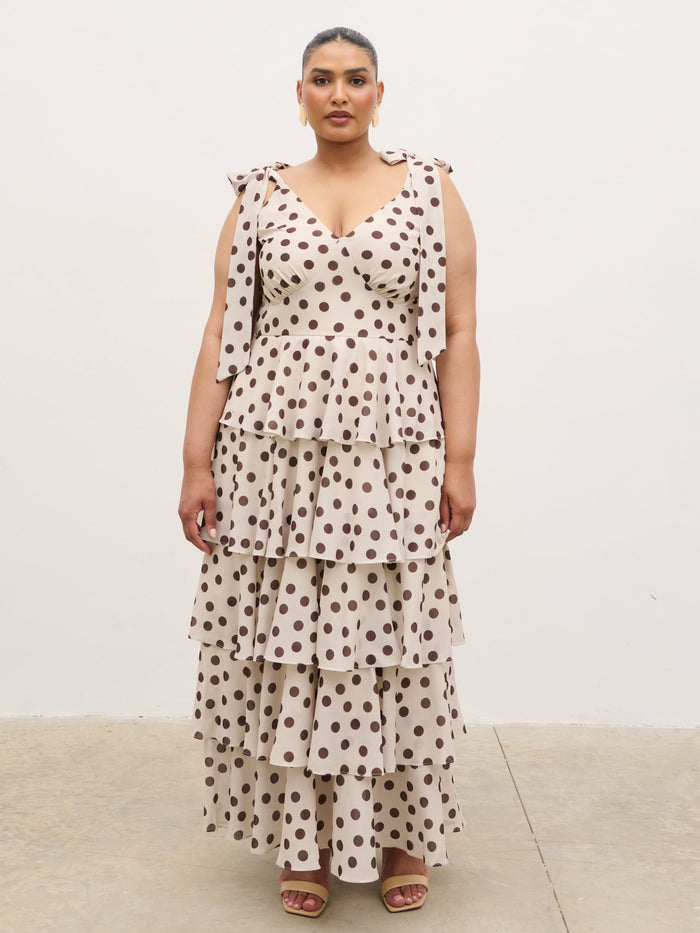 Souki Is 5'8" & Wears Size UK 18|Fiore Tie Ruffle Maxi Dress Curve - Large Brown and Cream Polkadot