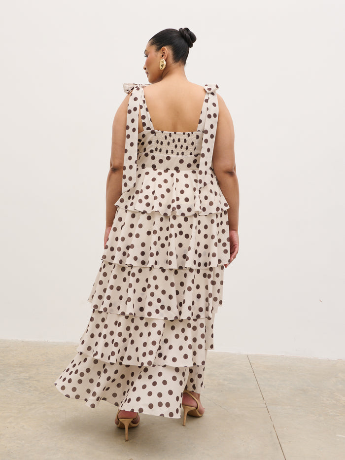 Souki Is 5'8" & Wears Size UK 18|Fiore Tie Ruffle Maxi Dress Curve - Large Brown and Cream Polkadot