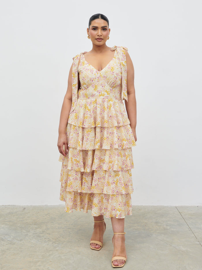 Souki Is 5'8" & Wears Size UK 18|Fiore Tie Ruffle Midaxi Dress Curve - Ditsy Floral