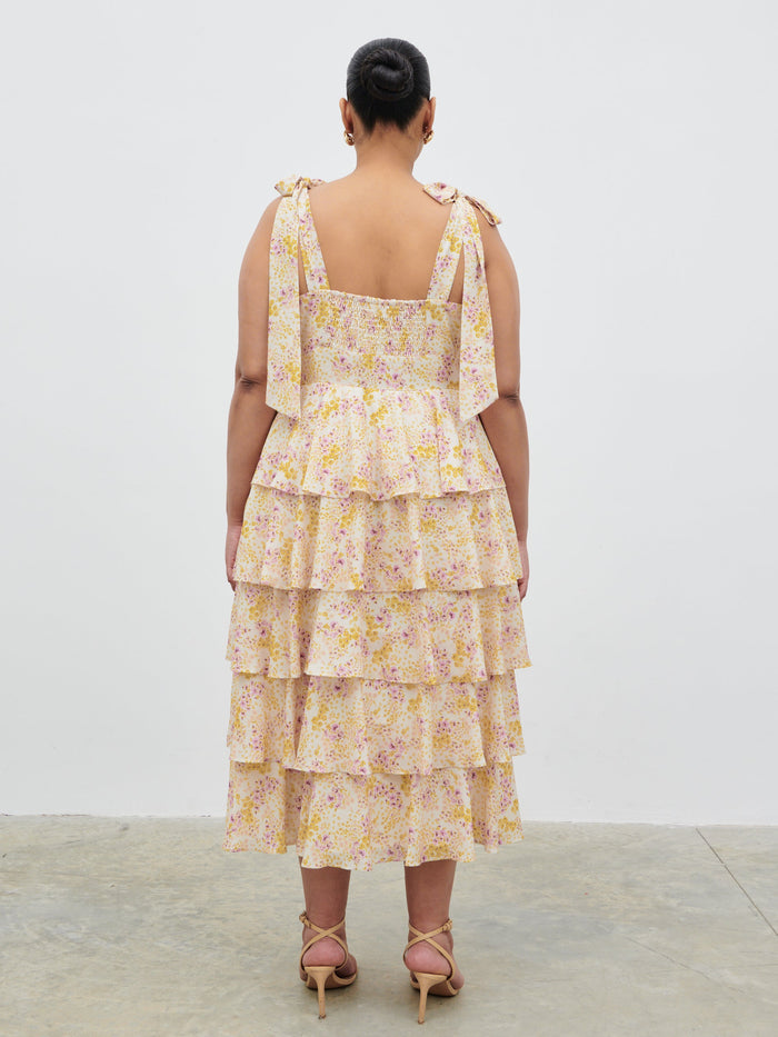 Souki Is 5'8" & Wears Size UK 18|Fiore Tie Ruffle Midaxi Dress Curve - Ditsy Floral