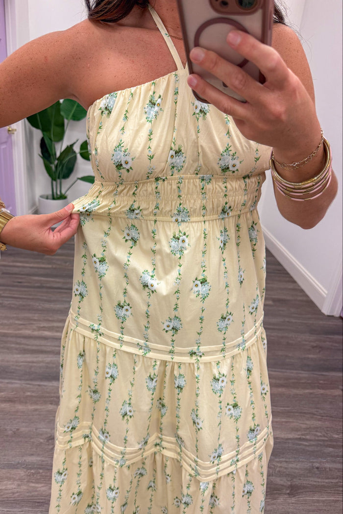 yellow green and blue floral print smocked waist halter midi dress