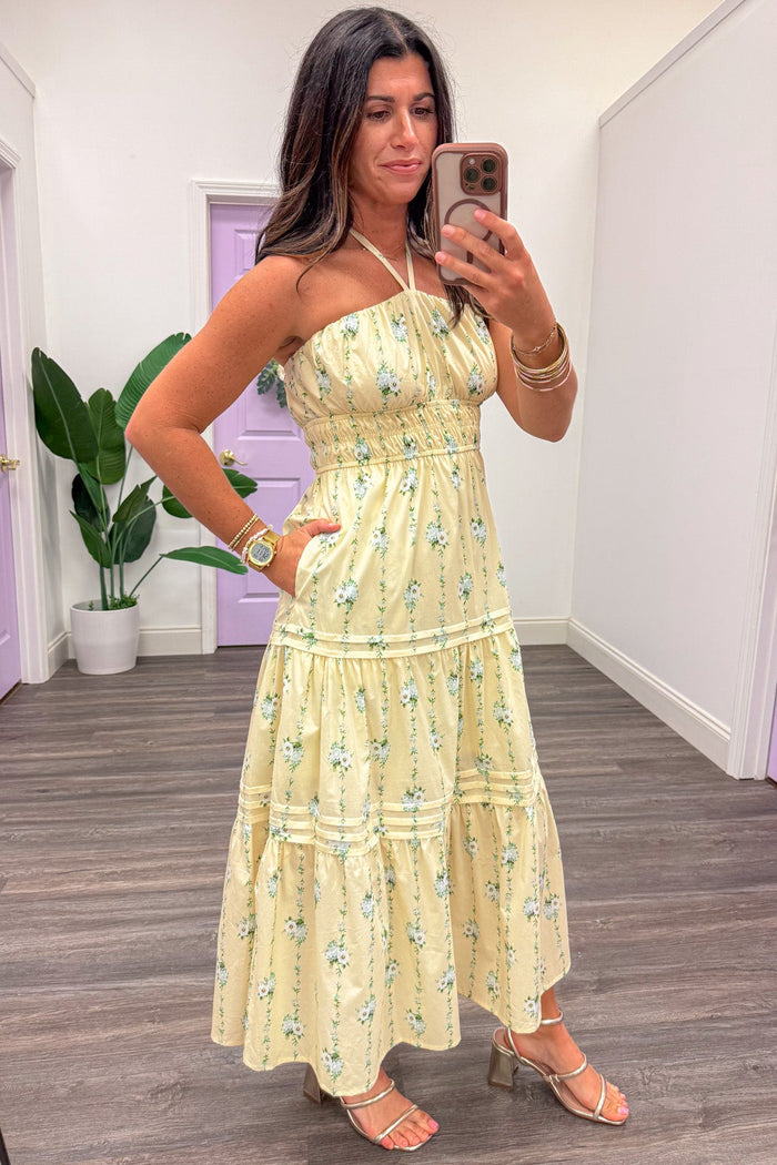 yellow green and blue floral print tiered halter midi dress with side pockets