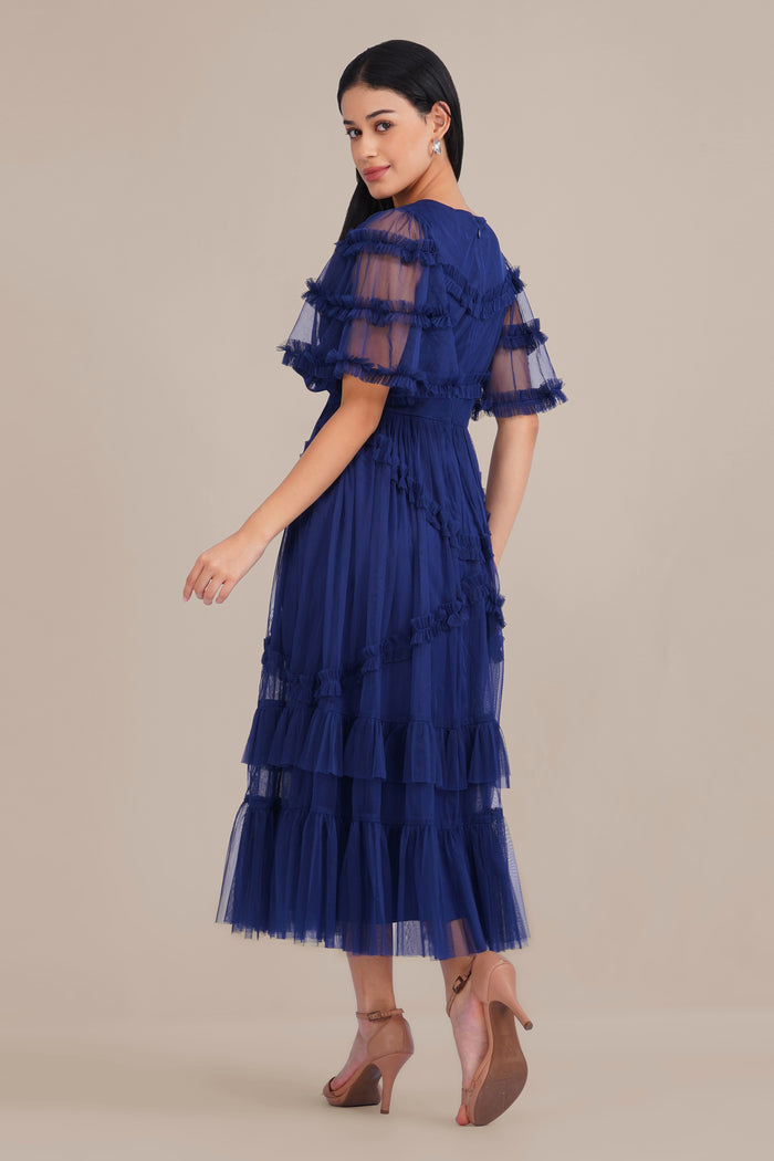 Florette Tulle Midi Dress in Navy Peony