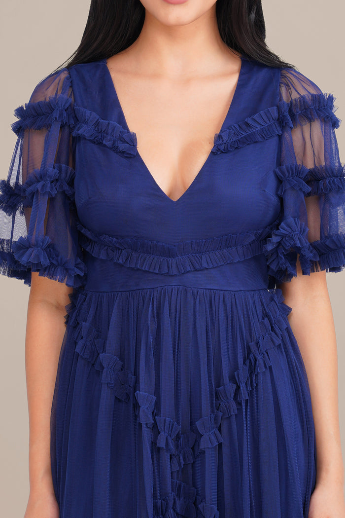 Florette Tulle Midi Dress in Navy Peony