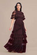 Chocolate Brown Plum Purple tulle mesh modest ruffle tiered maxi dress