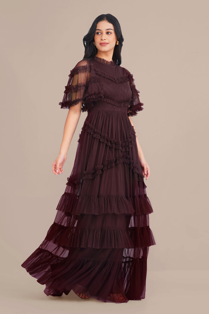 Chocolate Brown Plum Purple tulle mesh modest ruffle tiered maxi dress