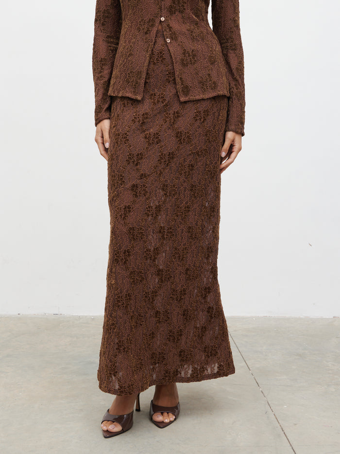 Lygia Is 5'9" & Wears Size UK 8|Francessca Lace Maxi Skirt - Brown Velvet