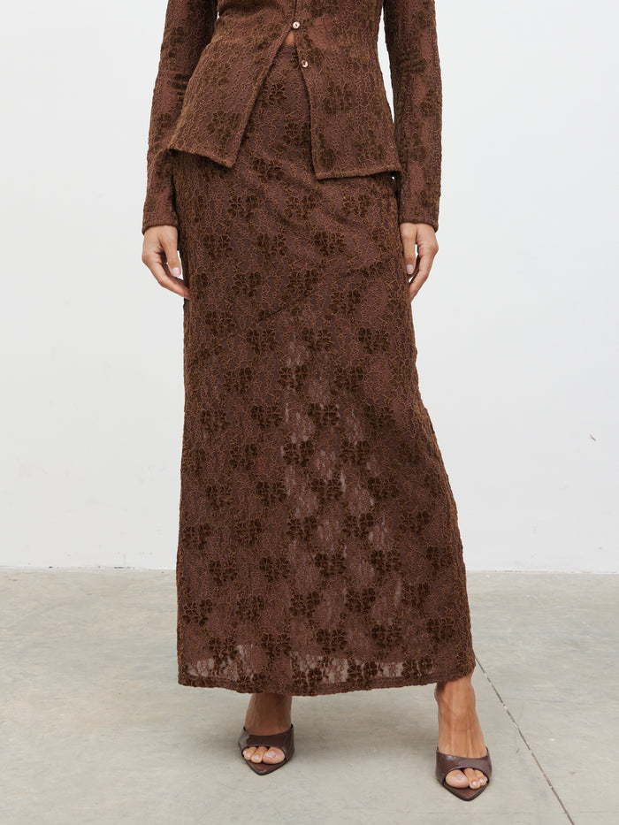 Lygia Is 5'9" & Wears Size UK 8|Francessca Lace Maxi Skirt - Brown Velvet