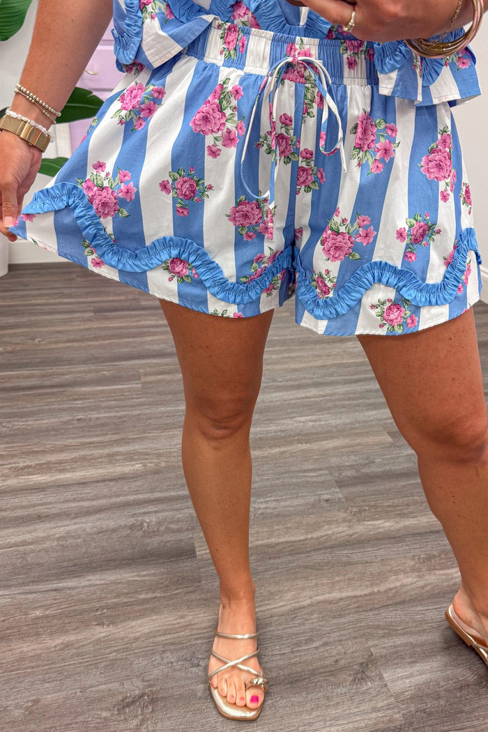 blue and white striped with pink floral print top and wide leg shorts matching cotton set