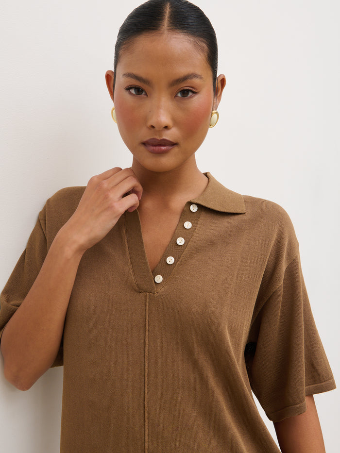 Elle Is 5'3" & Wears Size UK XS|Genie Lightweight Polo Top - Ginger