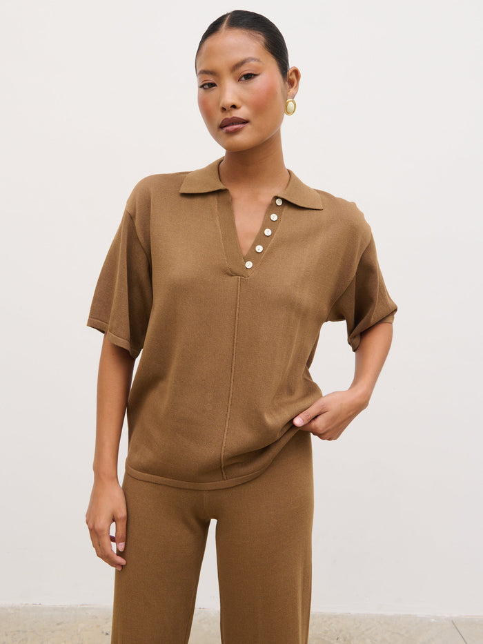 Elle Is 5'3" & Wears Size UK XS|Genie Lightweight Polo Top - Ginger