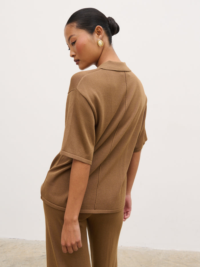 Elle Is 5'3" & Wears Size UK XS|Genie Lightweight Polo Top - Ginger