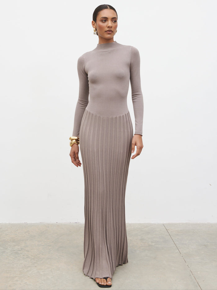 Lana is 5'9.5" & Wears Size UK S|Gloria Fine Knit Pleated Maxi Dress - Dark Taupe