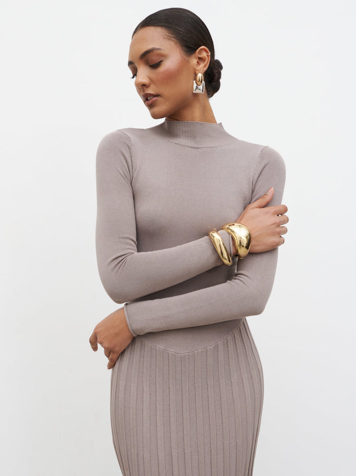 Lana is 5'9.5" & Wears Size UK S|Gloria Fine Knit Pleated Maxi Dress - Dark Taupe
