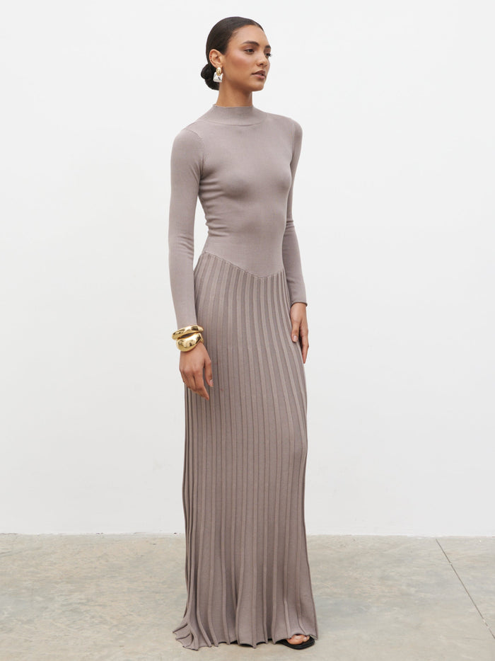 Lana is 5'9.5" & Wears Size UK S|Gloria Fine Knit Pleated Maxi Dress - Dark Taupe