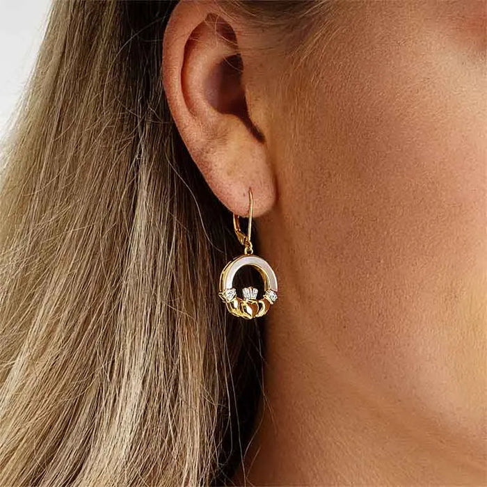 Gold Vermeil Mother of Pearl Claddagh Earrings