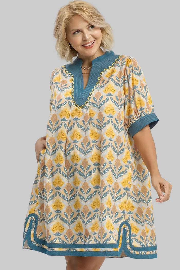 yellow blue floral print plus dress