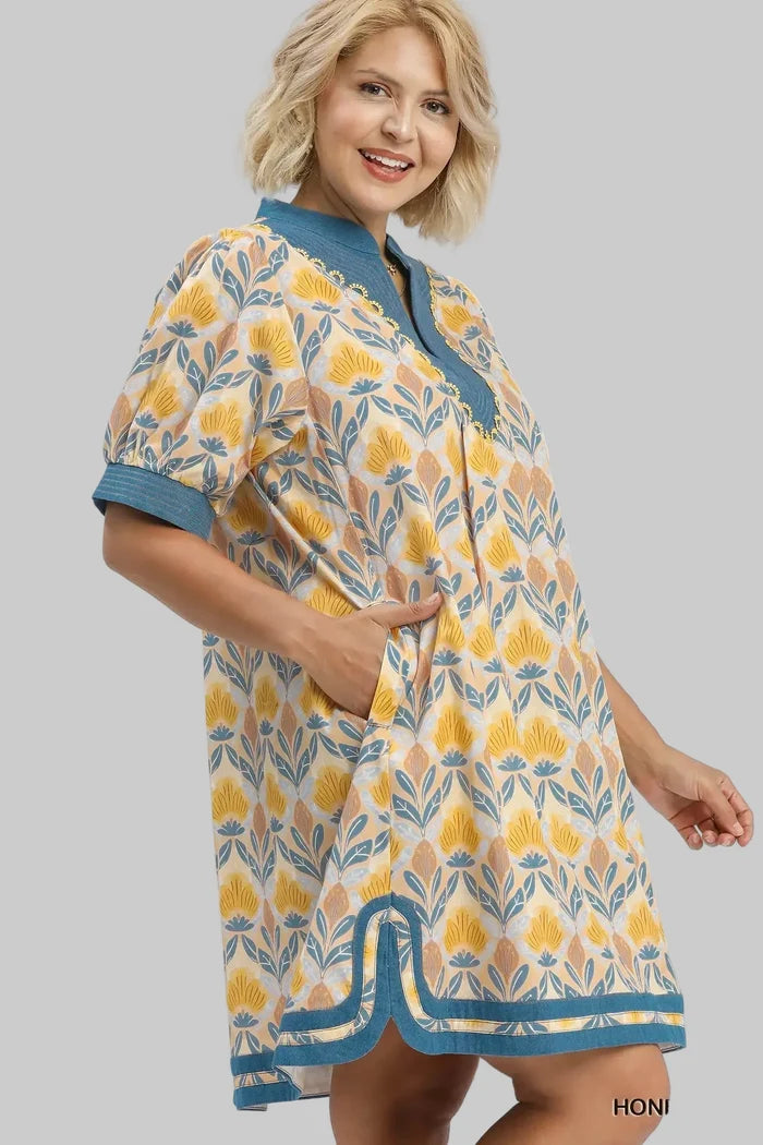 umgee yellow blue floral print plus dress