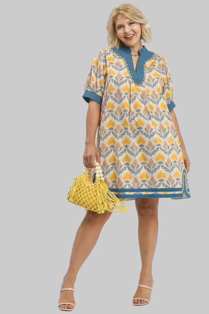 women's yellow blue floral print plus dress