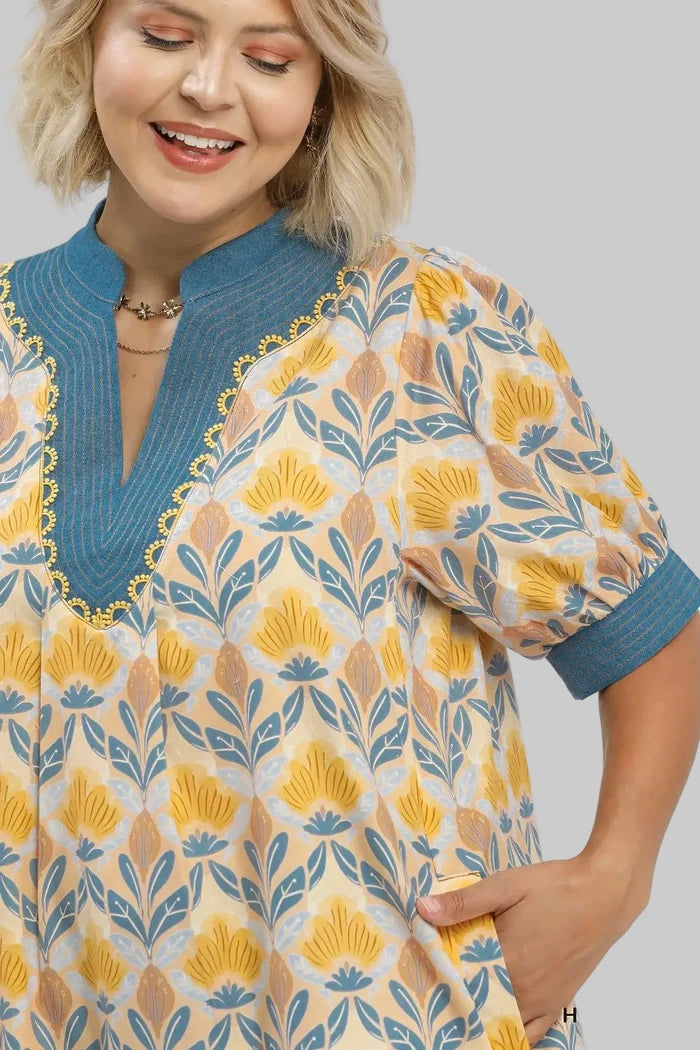 umgee yellow blue floral print plus dress details