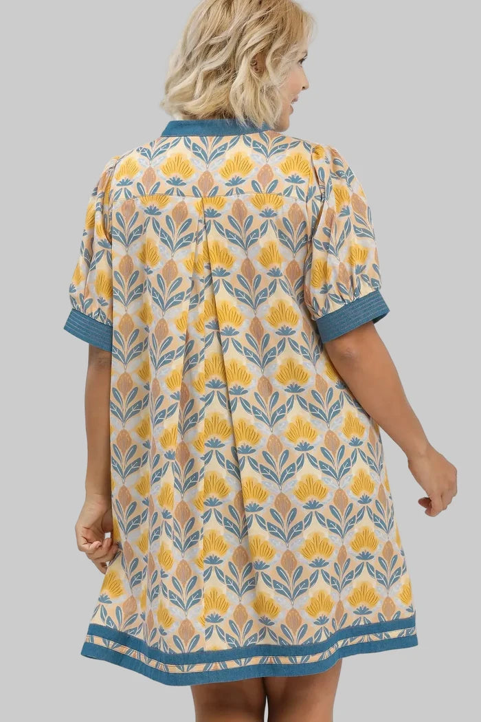 yellow blue floral print plus dress back