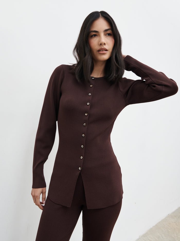 Veronica is 5'8" & Wears Size UK XS|Gracelyn Knit Cardigan - Chocolate Brown