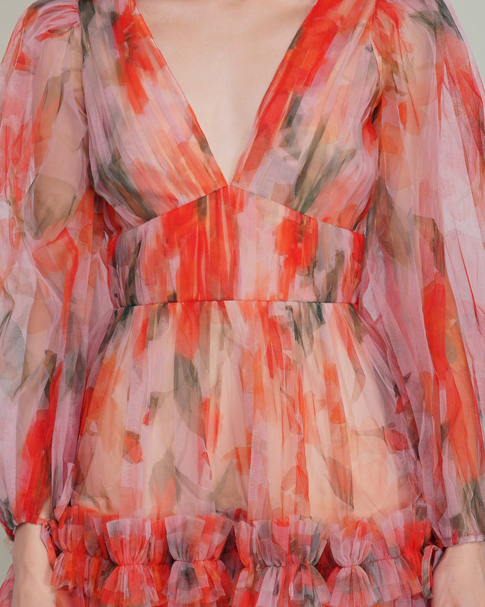 Gracelyn Tulle Mini Dress in Orange Poppy Print