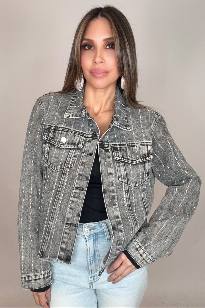Style the Grey Crystal Stripe Denim Jacket exclusively at Born To Glam