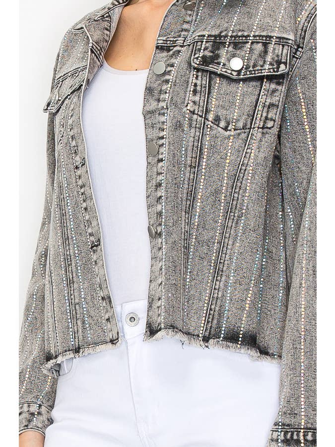 Style the Grey Crystal Stripe Denim Jacket exclusively at Born To Glam