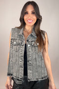 Style the Grey Crystal Stripe Denim Vest exclusively at Born To Glam