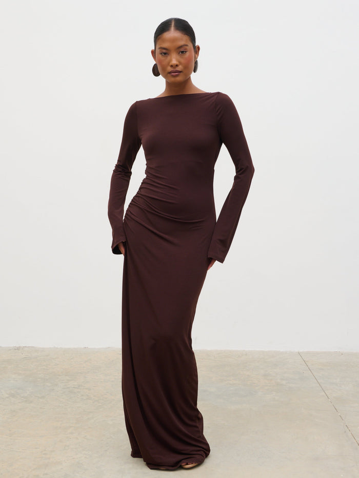 Elle Is 5'3" & Wears Size UK 6|Hadley Cowl Back Jersey Maxi Dress - Brown