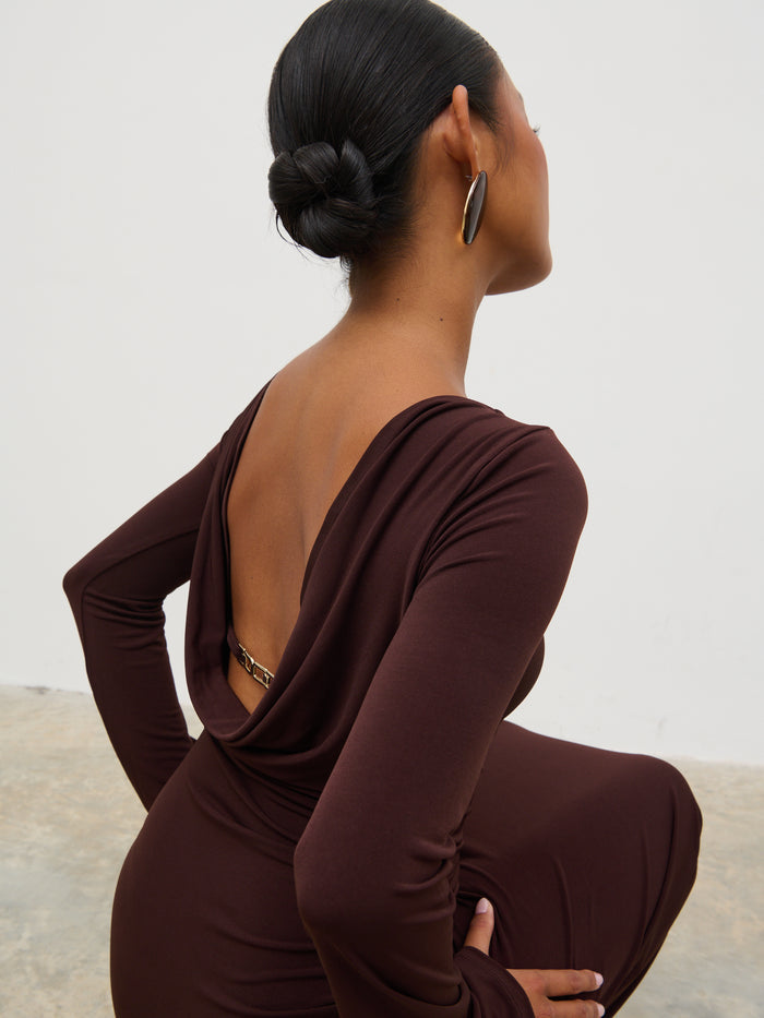 Elle Is 5'3" & Wears Size UK 6|Hadley Cowl Back Jersey Maxi Dress - Brown