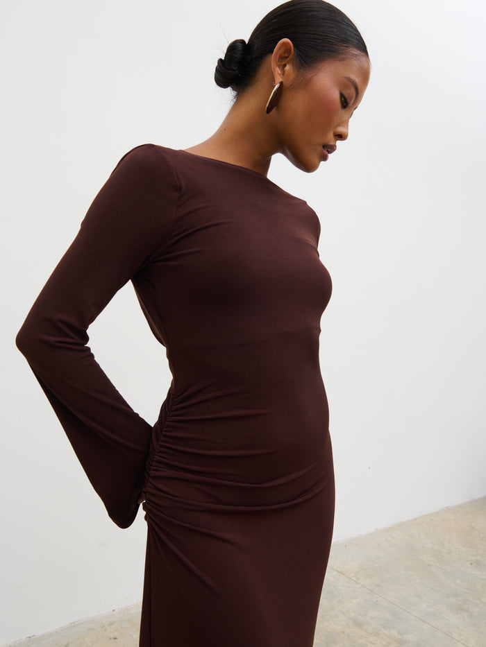 Elle Is 5'3" & Wears Size UK 6|Hadley Cowl Back Jersey Maxi Dress - Brown