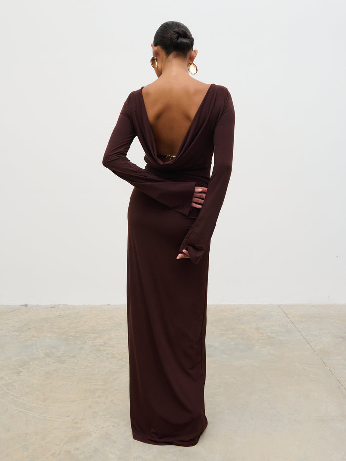 Elle Is 5'3" & Wears Size UK 6|Hadley Cowl Back Jersey Maxi Dress - Brown