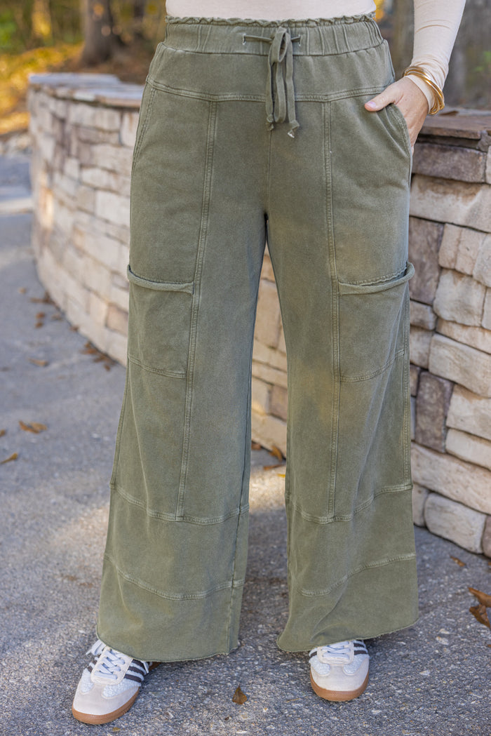 Women's French terry knit wide leg pants olive by Easel showing up close front view