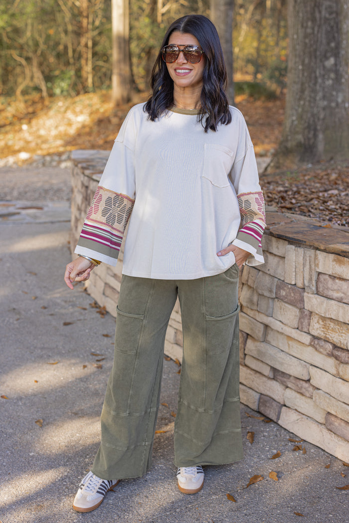 Women's French terry knit wide leg pants olive by Easel, perfect for teachers