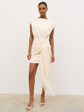 Montanna is 5'7" & Wears Size UK 6|Hattie Jacquard Mini Fringed Dress - Cream
