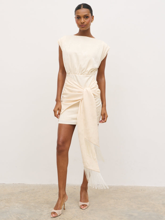 Montanna is 5'7" & Wears Size UK 6|Hattie Jacquard Mini Fringed Dress - Cream