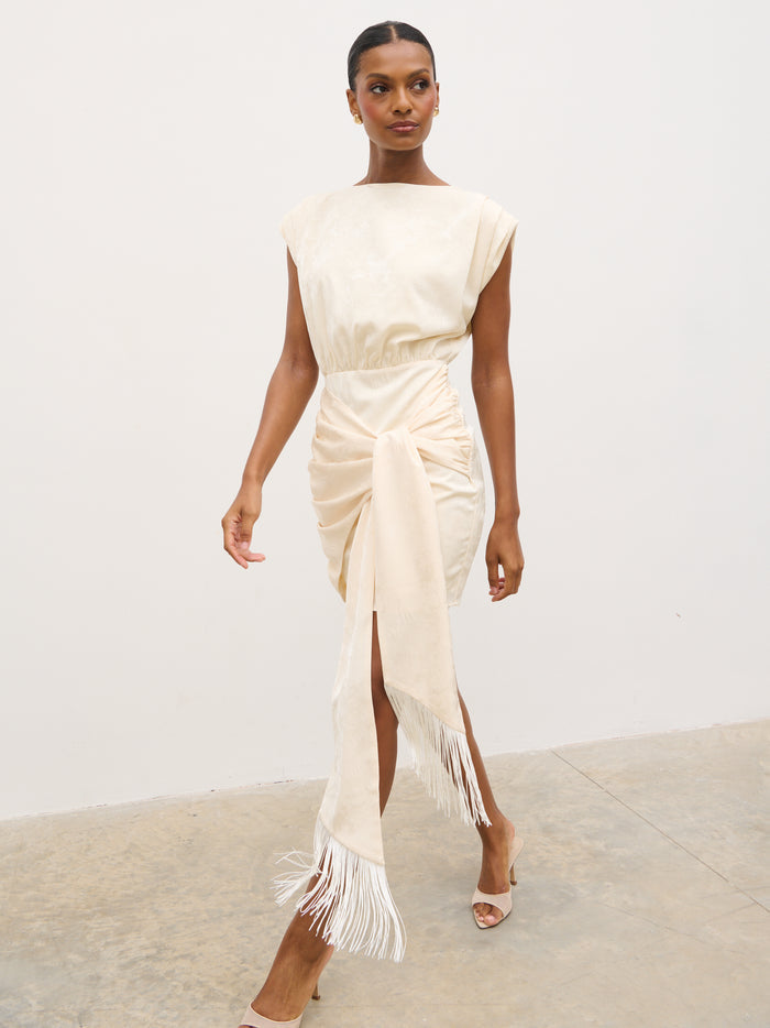 Montanna is 5'7" & Wears Size UK 6|Hattie Jacquard Mini Fringed Dress - Cream