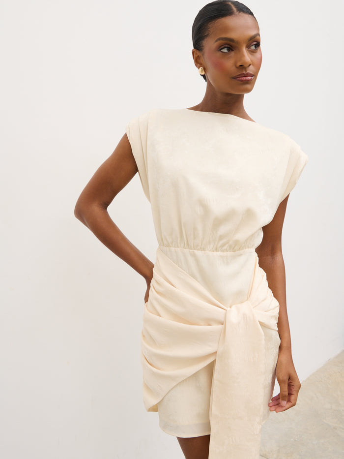 Montanna is 5'7" & Wears Size UK 6|Hattie Jacquard Mini Fringed Dress - Cream